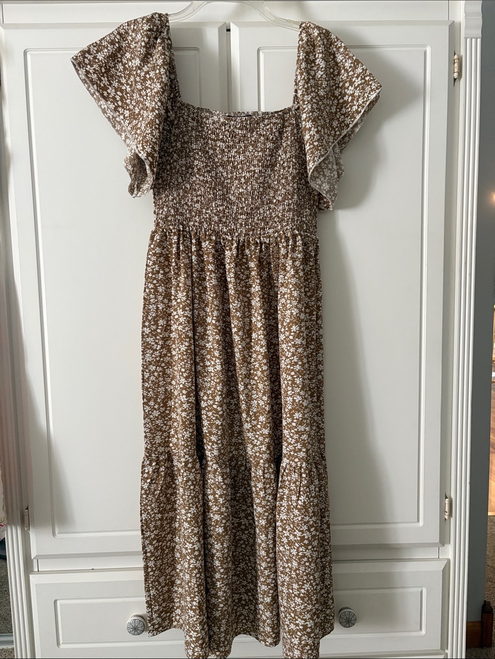 Smocked Brown Floral Maxi Dress with Flutter Sleeves